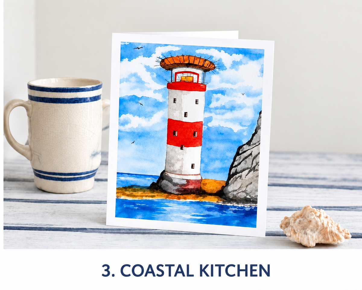 Lighthouse #2 greetings card in a coastal kitchen setting