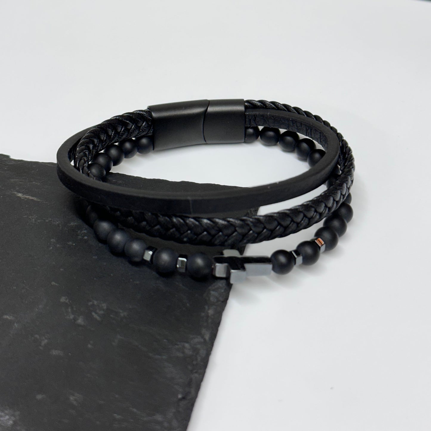 Personalised Men's Beaded and Stacked Leather Cross Bracelet